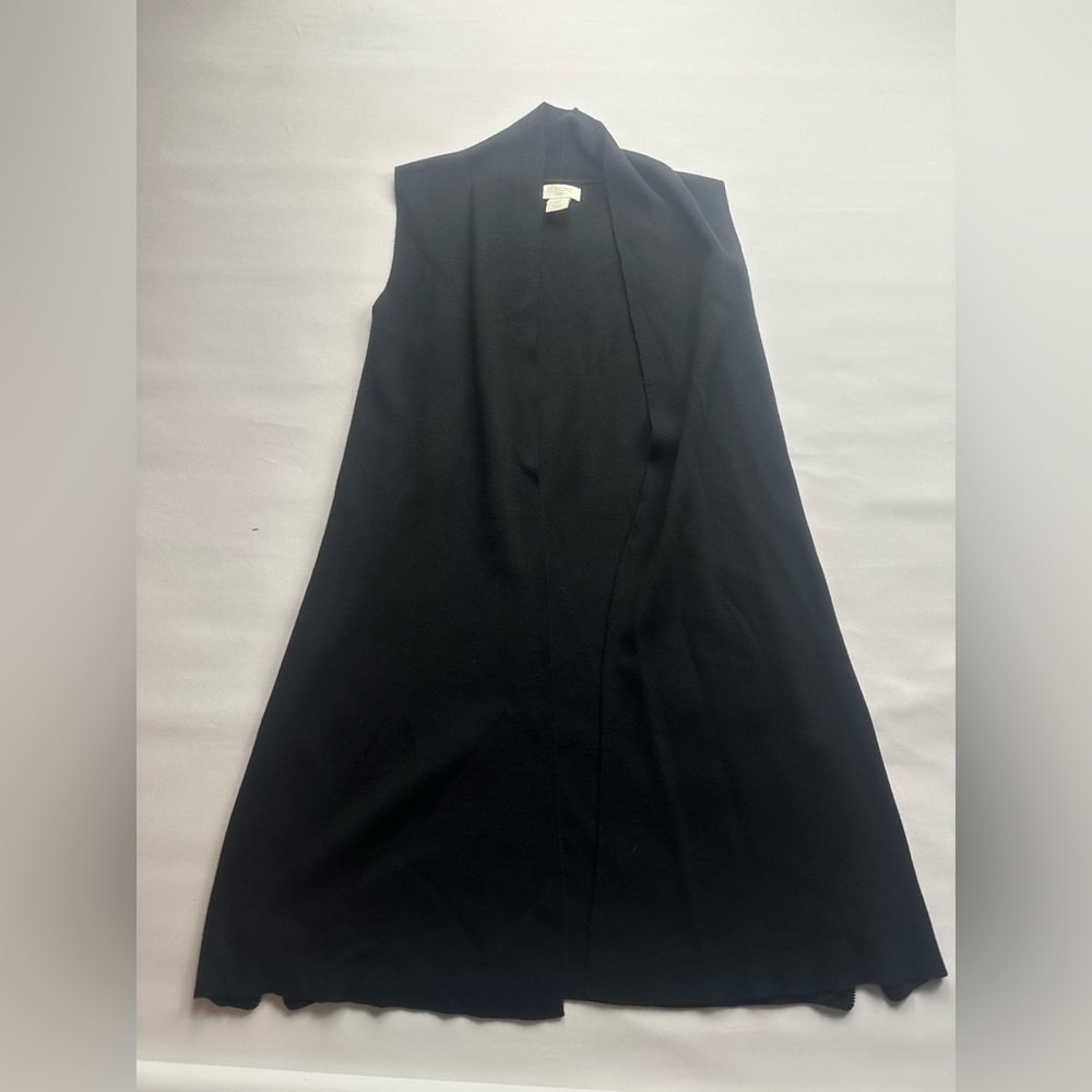Black Sleeveless long cardigan Vest extrafine merino wool. Size S
